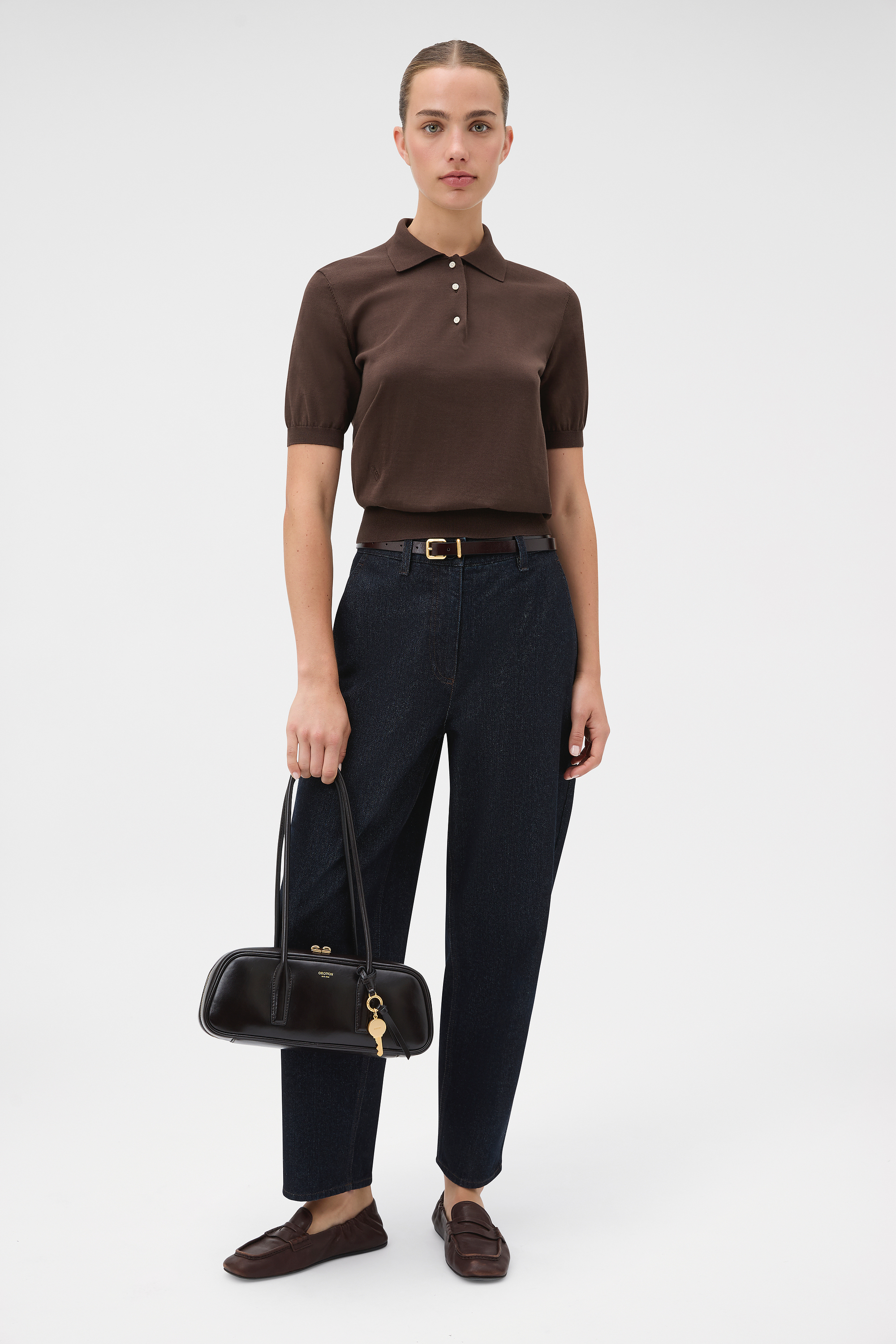 Short Sleeve Knit Polo - Bitter Chocolate | Oroton