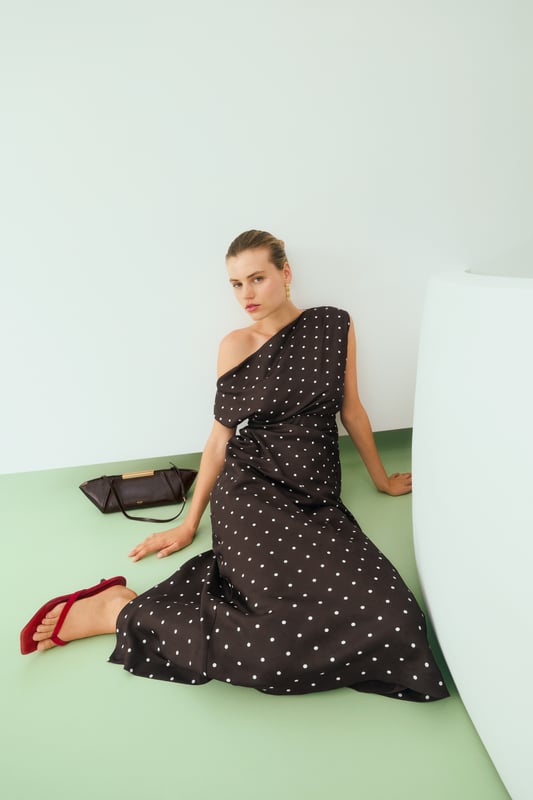 oroton brown dress Oroton Rose Bud Gown  Plus One Dress Hire