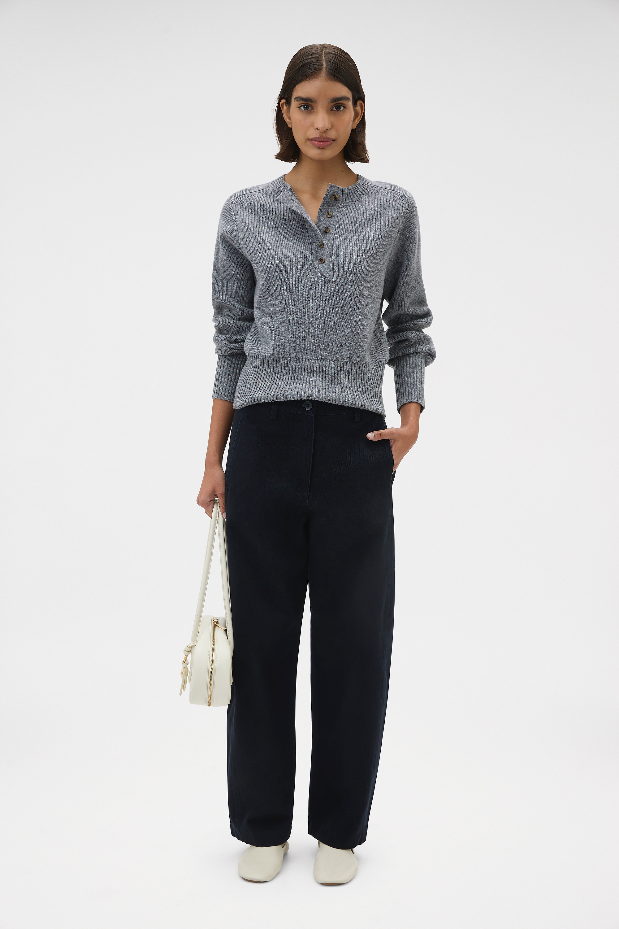 Rib Knit Henley - Grey Marle | Oroton